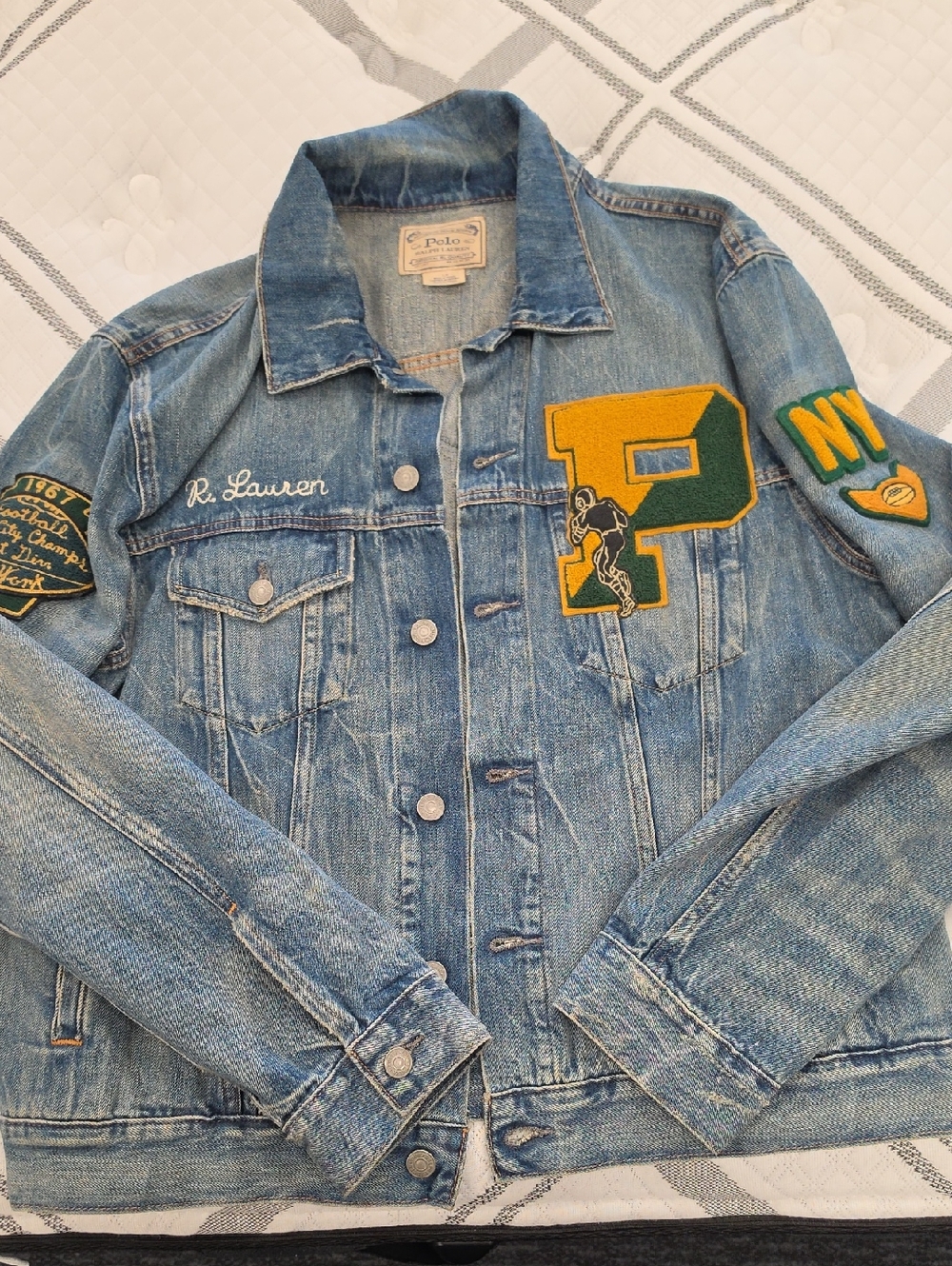 POLO Ralph Lauren Blue Denim TIGER Patch FOOTBALL LETTERMAN JACKET•Large•RARE! - Picture 11 of 15